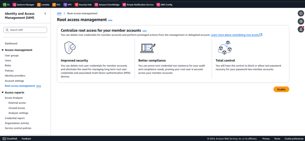 Figure 1: Centralized root access capability in the IAM console