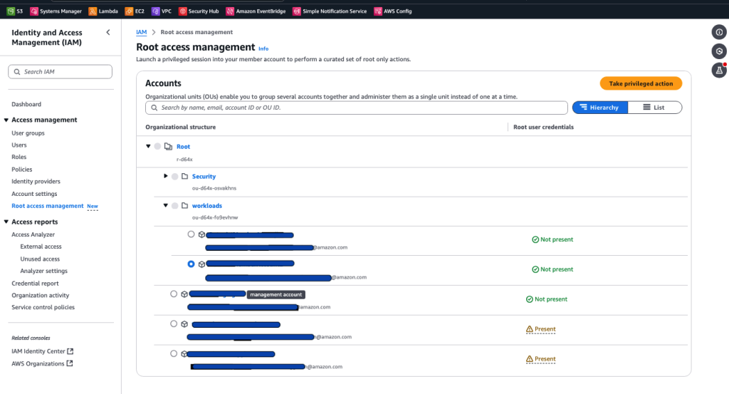 Figure 3: Preview of member accounts with root credential status