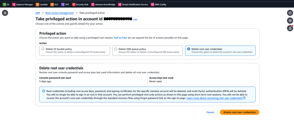 Figure 4: The Delete root user credentials feature in the IAM console