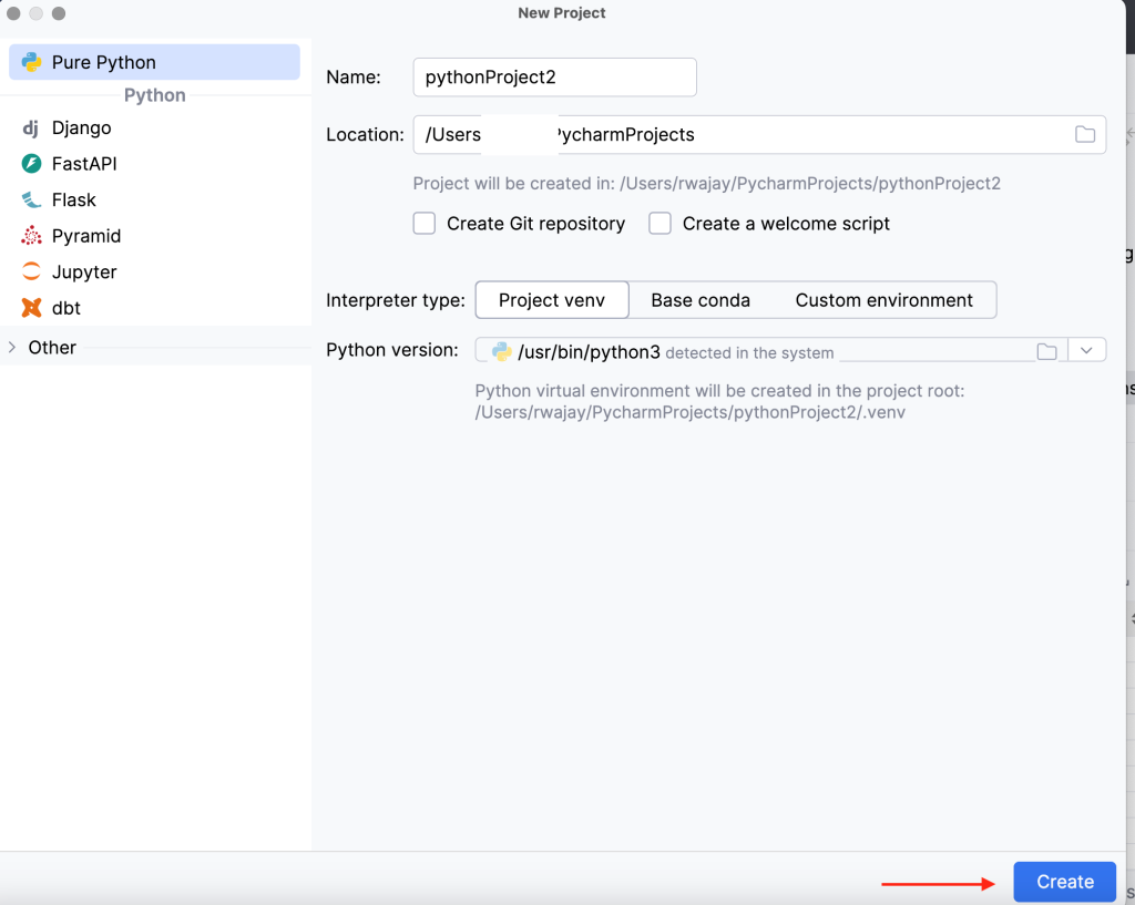 Figure 10: Create a new project in PyCharm