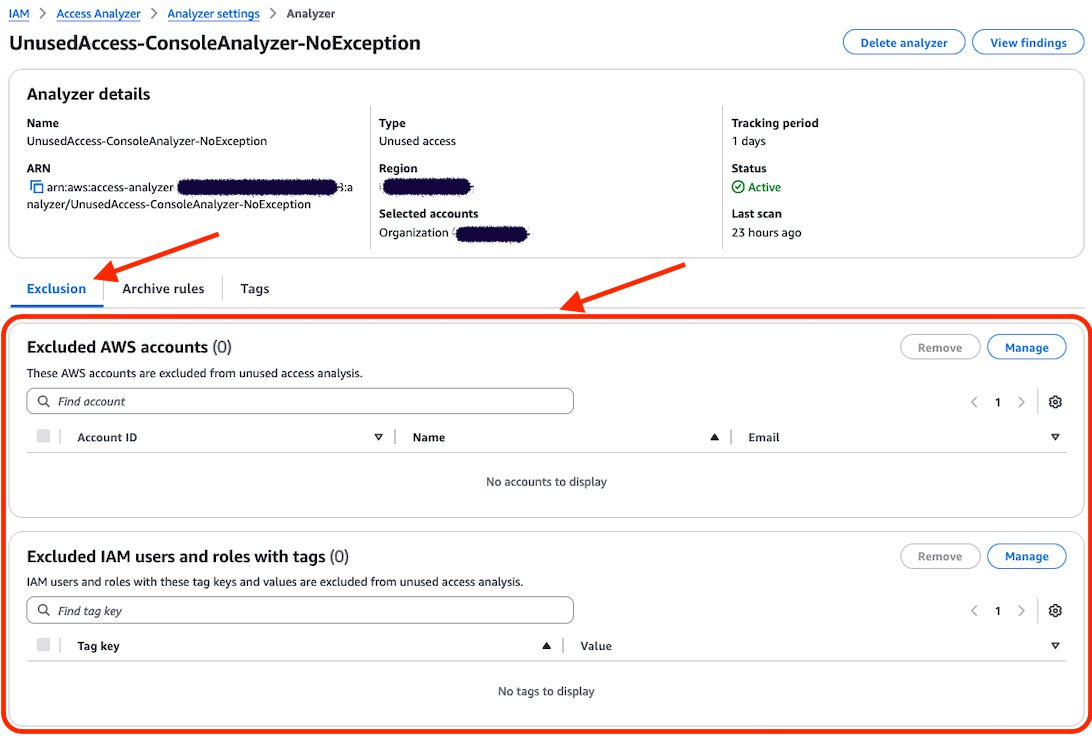 Figure 4: Unused access analyzer exclusion tab