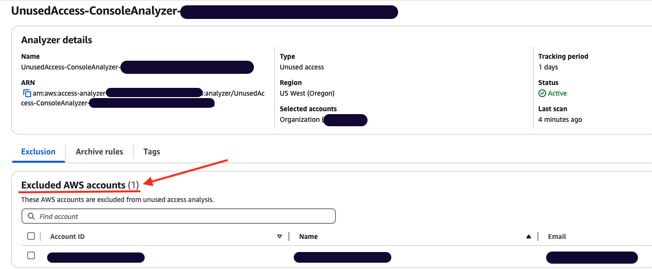 Figure 7: Analyzer configuration updated with excluded account