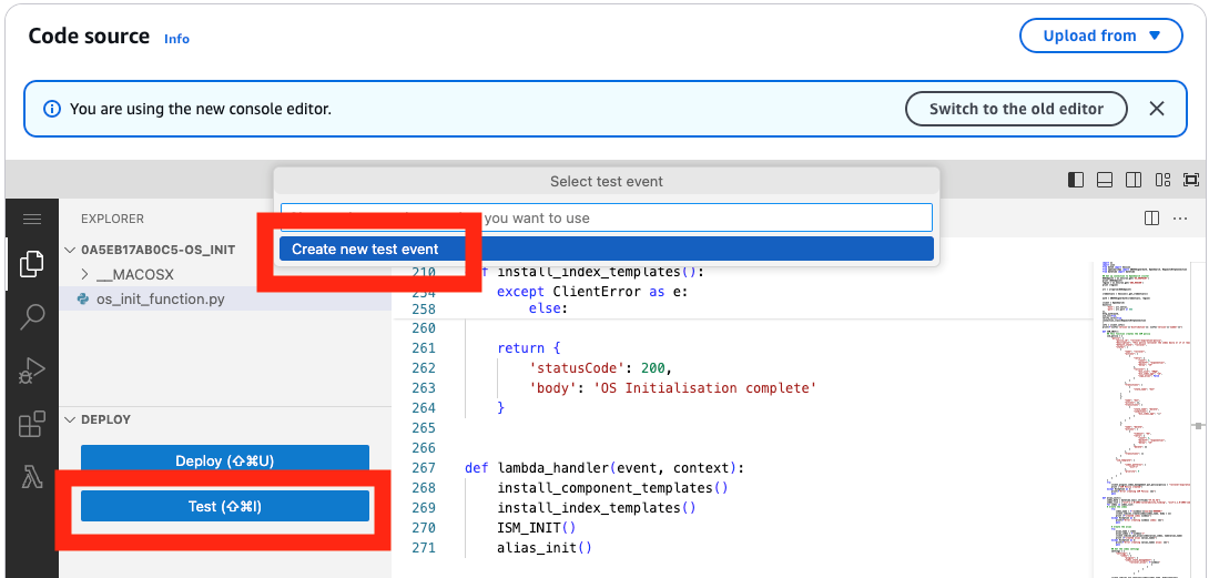 Figure 13: Creating the test event in the Lambda console