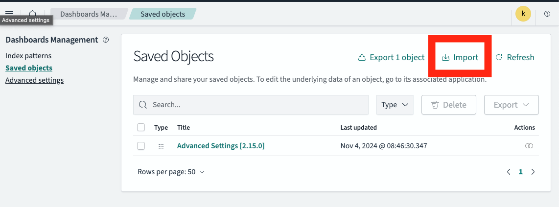 Figure 17: Import saved objects