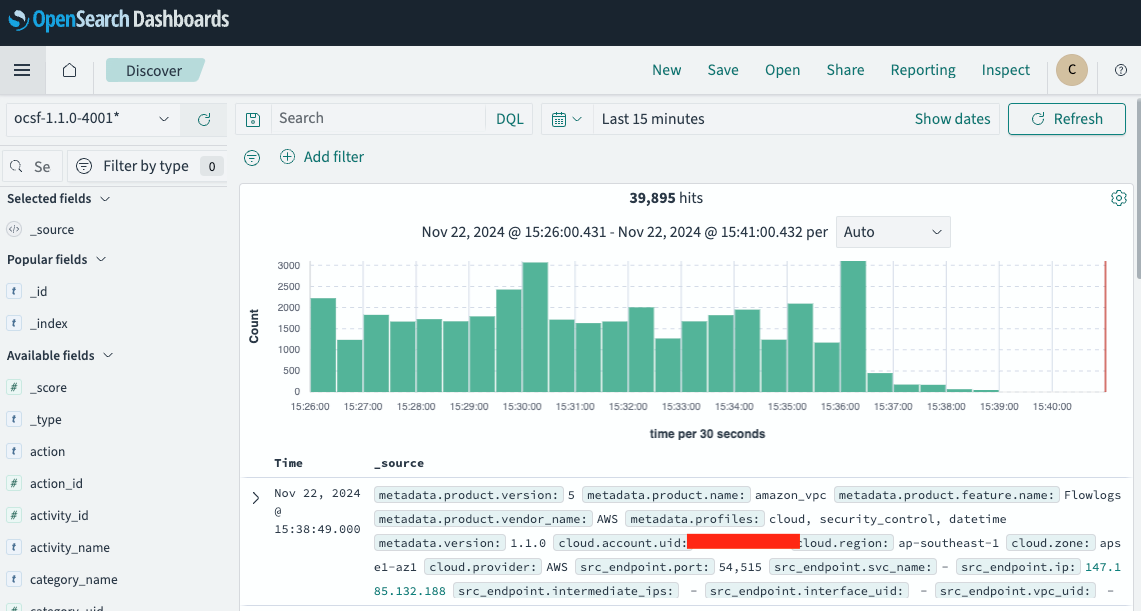 Figure 18: The Discover page displaying ingested logs