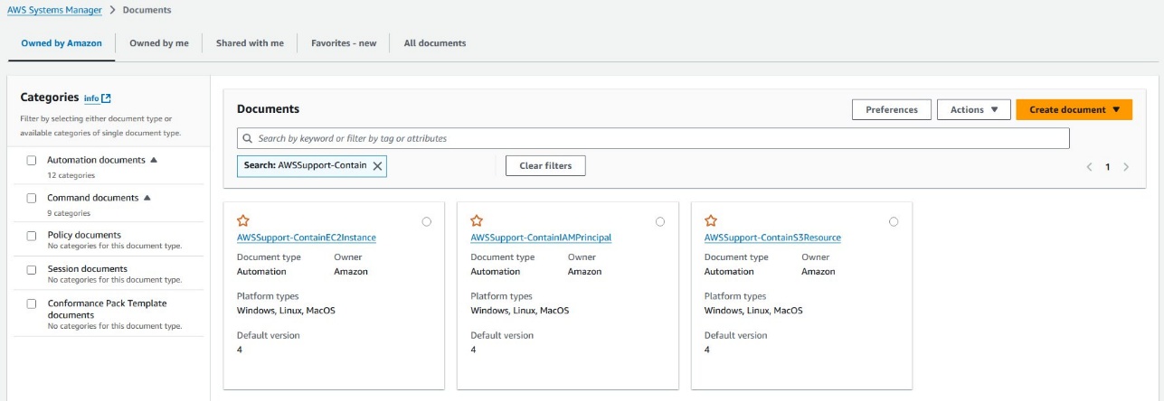 Figure 8: Systems Manager documents for containment actions