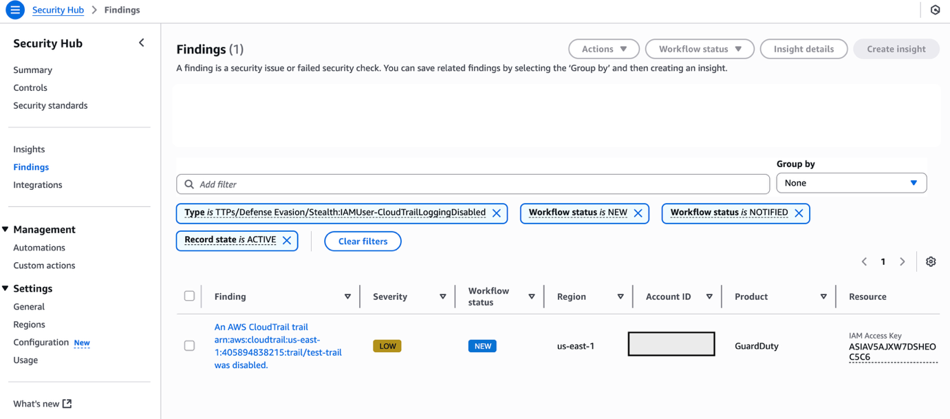 Figure 9: Monitor Security Hub for your finding