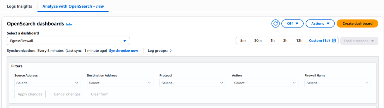 Figure 9: Network Firewall OpenSearch dashboard filters