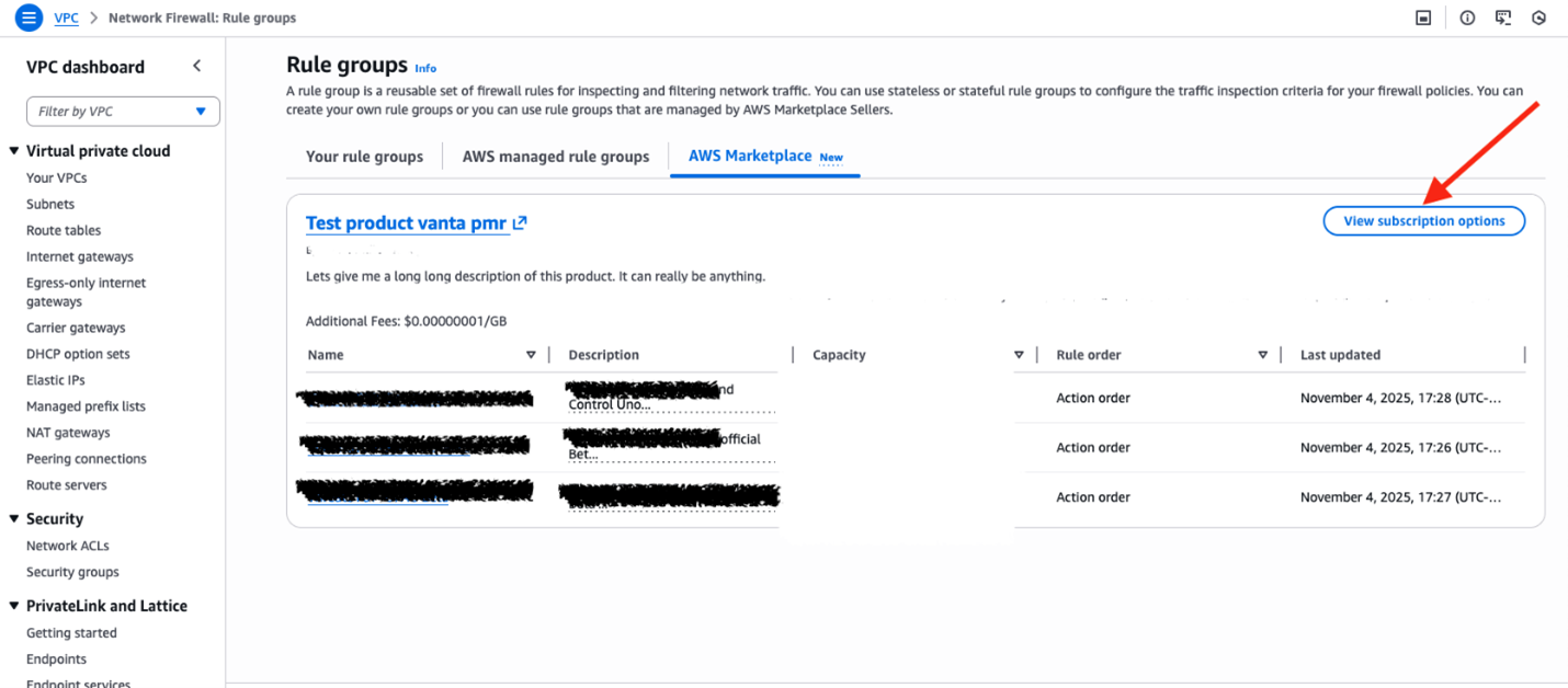 Figure 3: View subscription options for partner rule groups in AWS Marketplace