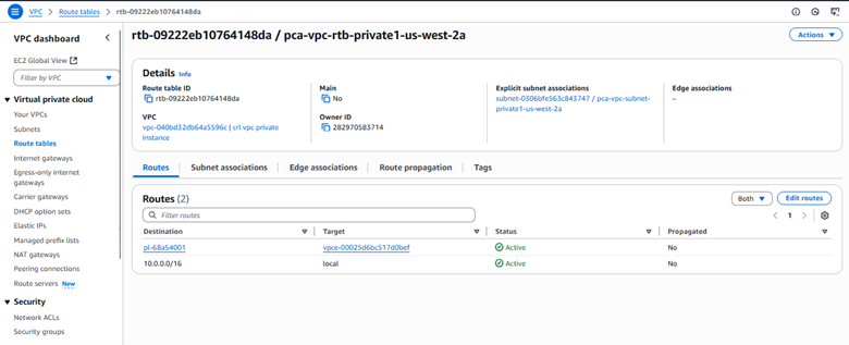 Figure 11: Private route table configuration