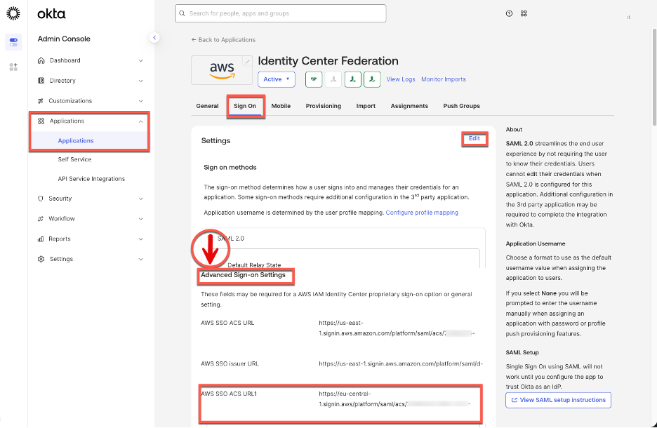 Figure 6 – Identity Center enterprise application configuration in Okta