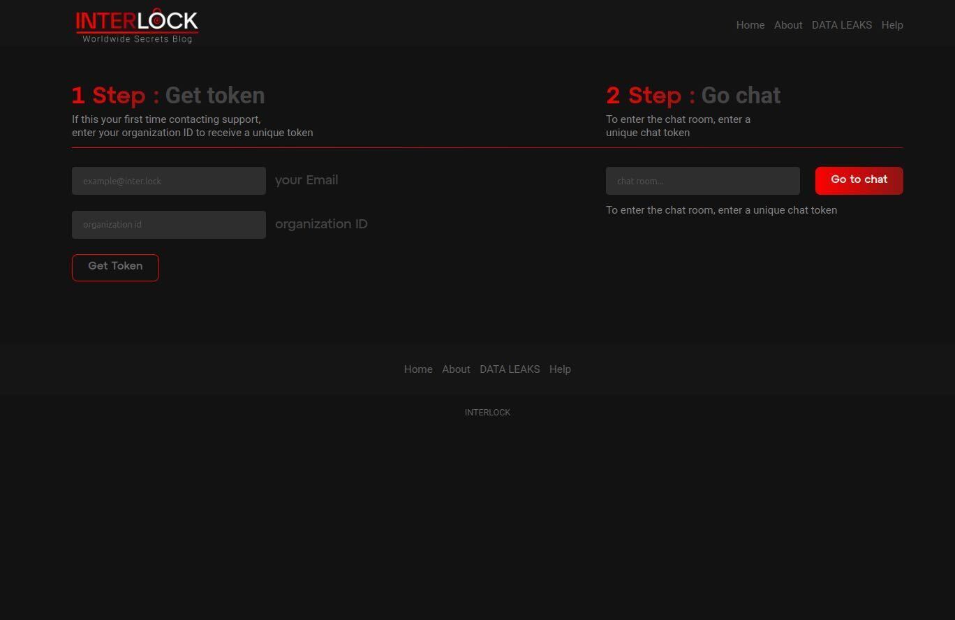 Interlock ransomware negotiation portal where victims enter their organization ID and email address to receive an auth token to begin a negotiation chat session.