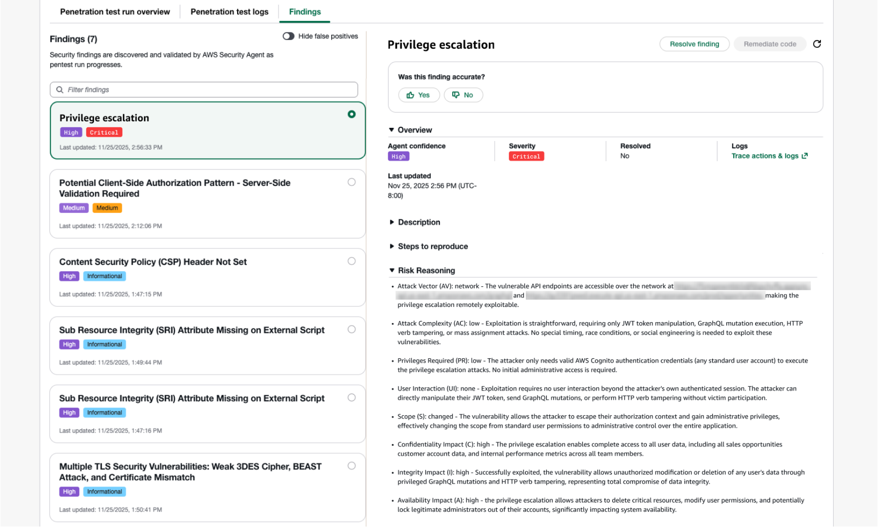 Figure 2: Each finding includes Common Vulnerability Scoring System (CVSS) risk scores, application-specific severity ratings, and detailed reproduction steps