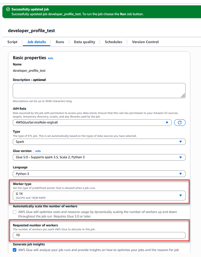 Figure 7 – Successful AWS Glue job creation with configured parameters for the <em width=