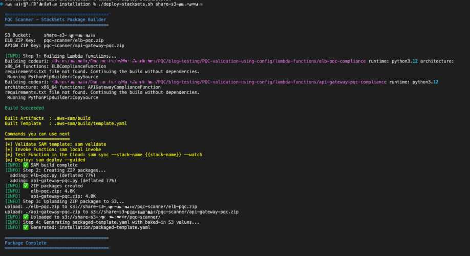 Sample script output of successful upload of the lambda packages to S3 bucket