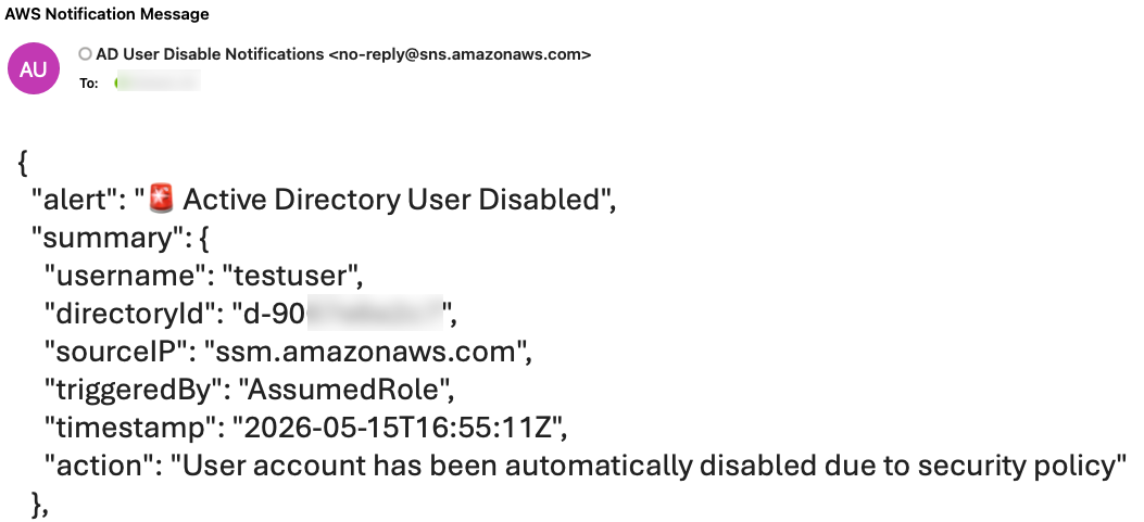Figure 5: AWS notification message showing the username has been disabled