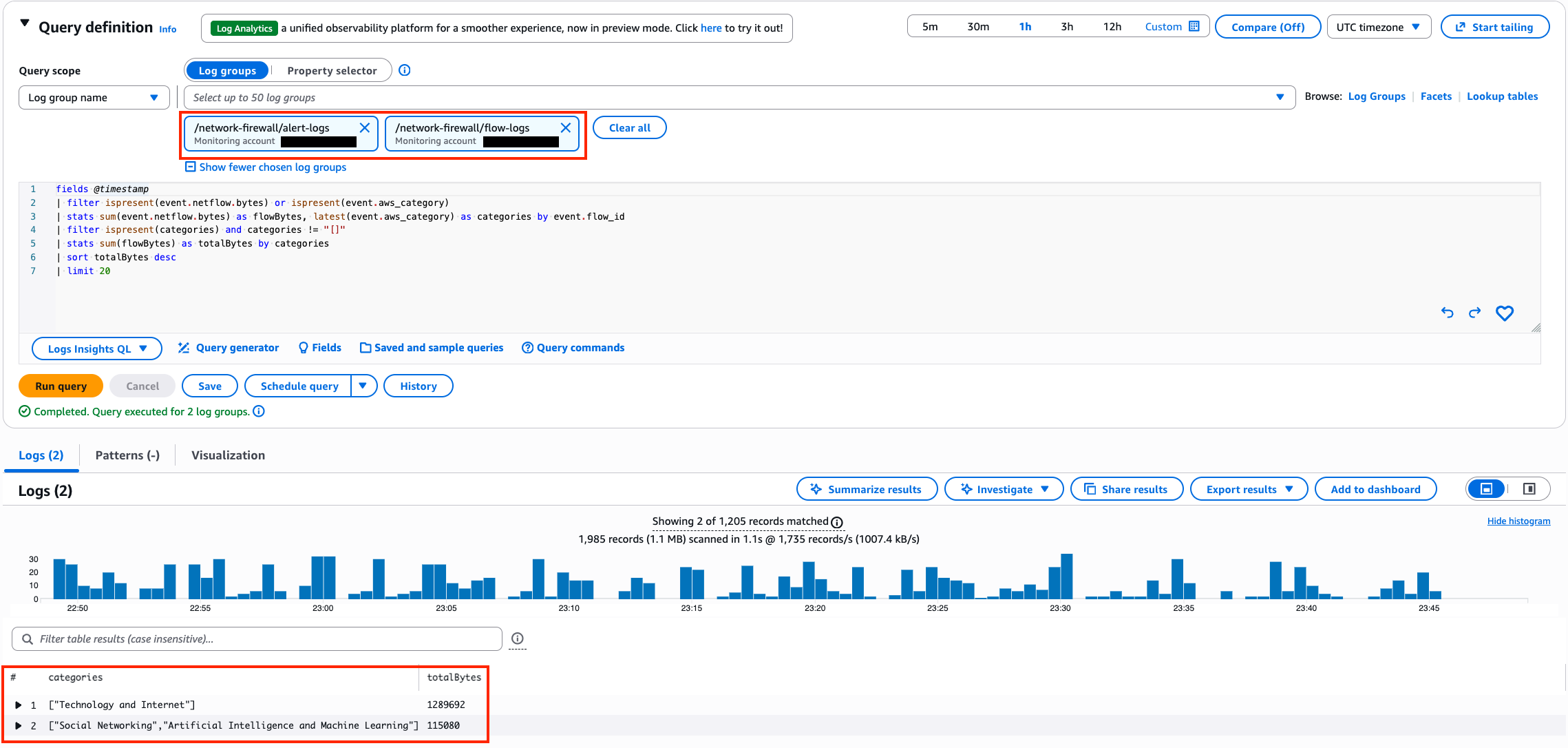 Figure 13: CloudWatch Logs Insights query results showing bandwidth consumption by category combination sorted by total bytes descending