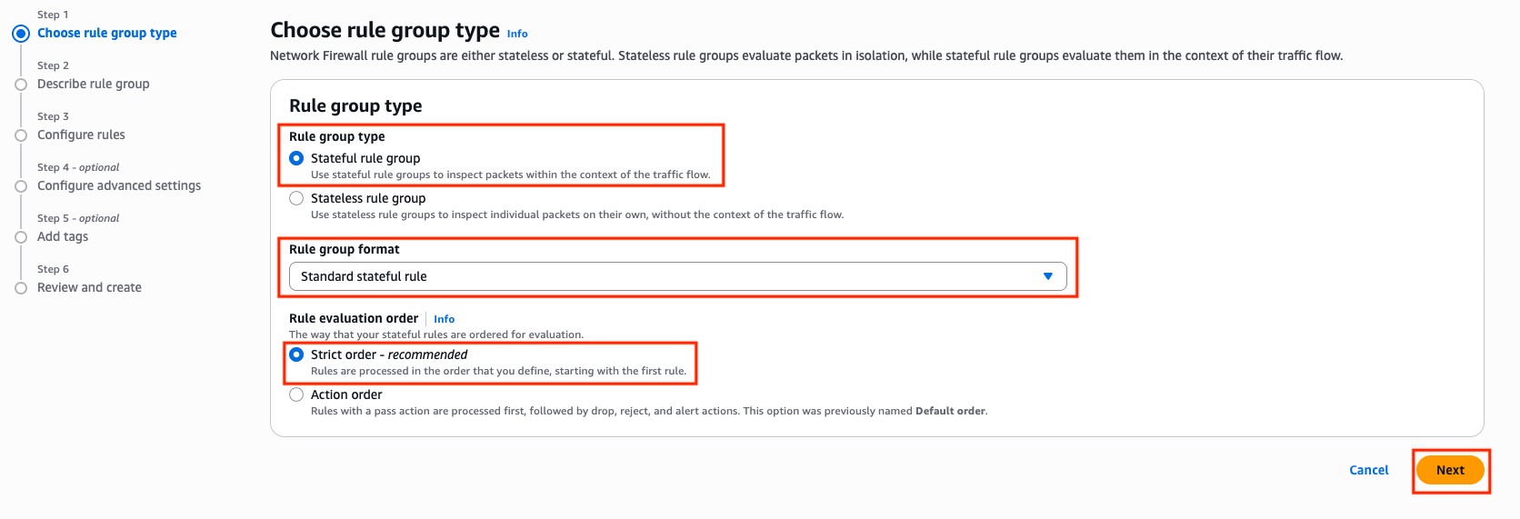 Figure 2: Create Network Firewall rule group page showing Stateful rule group type, Standard stateful rules format, and Strict order evaluation selected