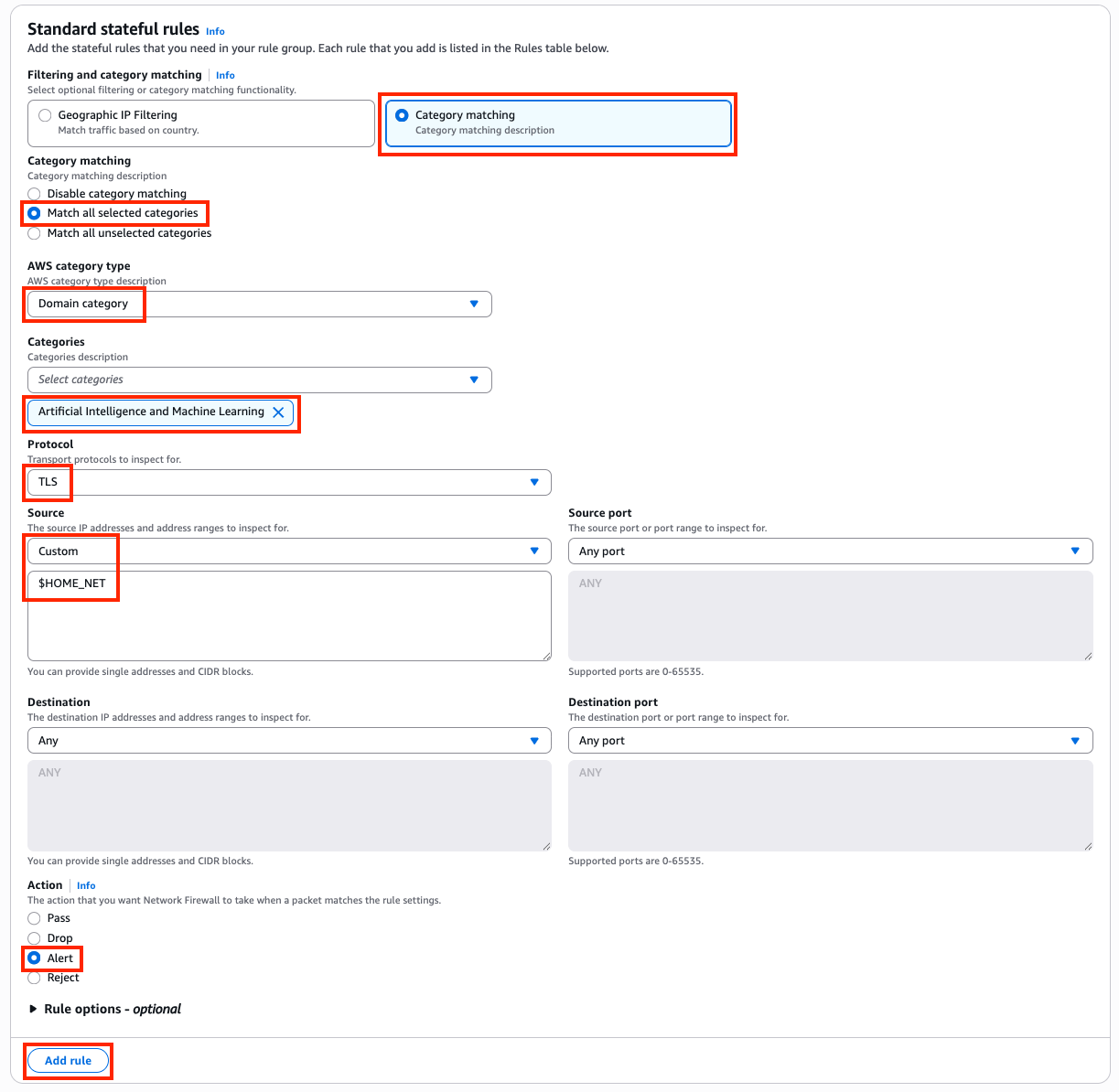 Figure 3: Completed category matching rule showing TLS protocol, $HOME_NET source, Any destination, and Alert action added to the rule group
