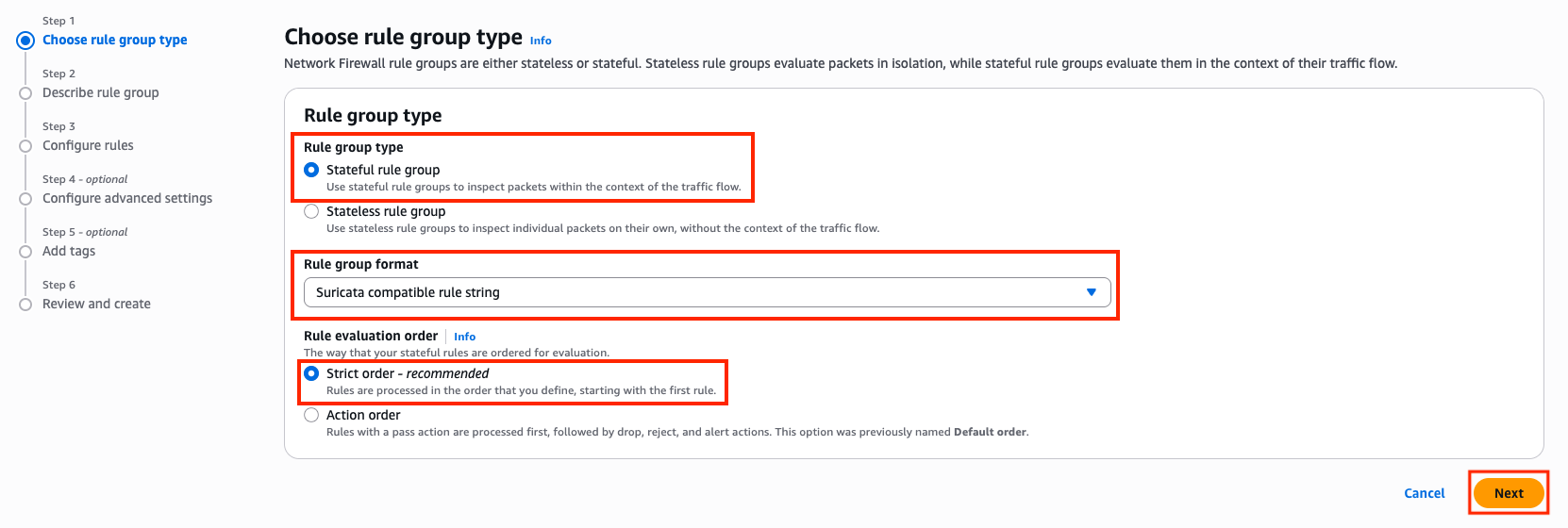 Figure 4: Create Network Firewall rule group page showing Stateful rule group type, Suricata compatible rule string format, and Strict order evaluation selected