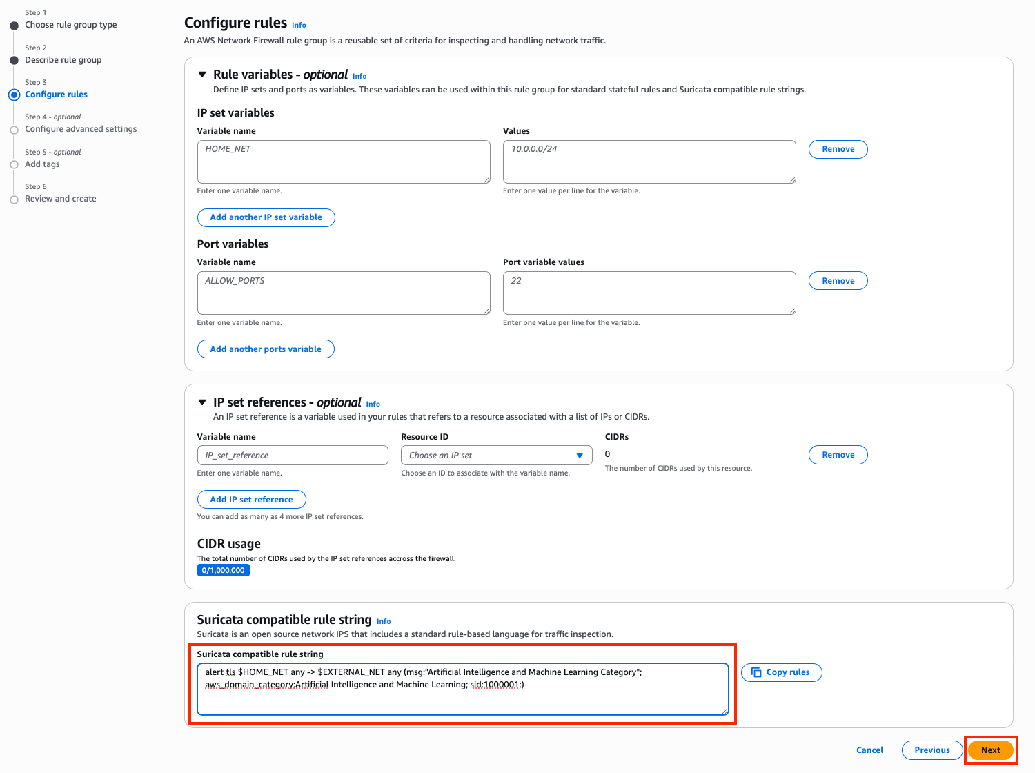 Figure 5: Suricata compatible rule string editor with the domain category alert rule pasted in and the rule variables section left empty