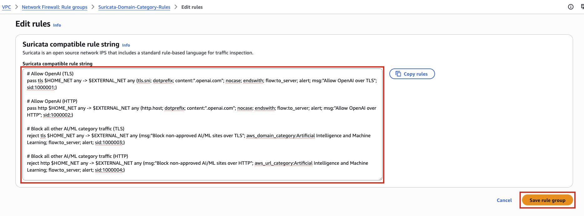 Figure 7: Suricata compatible rule string editor with the exception-based ruleset containing pass rules for OpenAI and reject rules for the AI/ML category