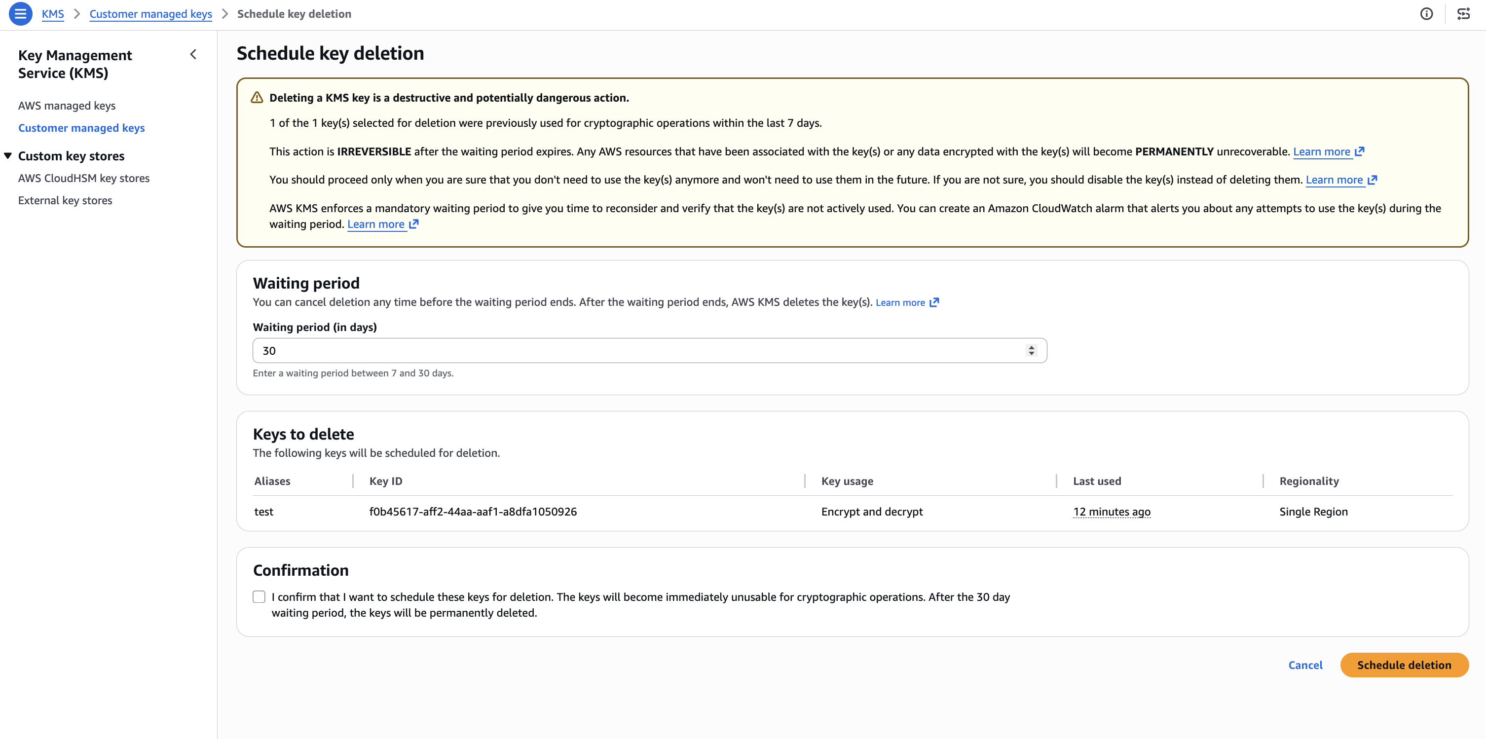Figure 3: Scheduled key deletion warning