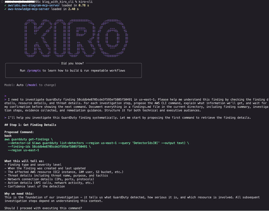Figure 1: Kiro CLI interface showing the initial investigation prompt and proposed first command to retrieve GuardDuty detector ID and finding details