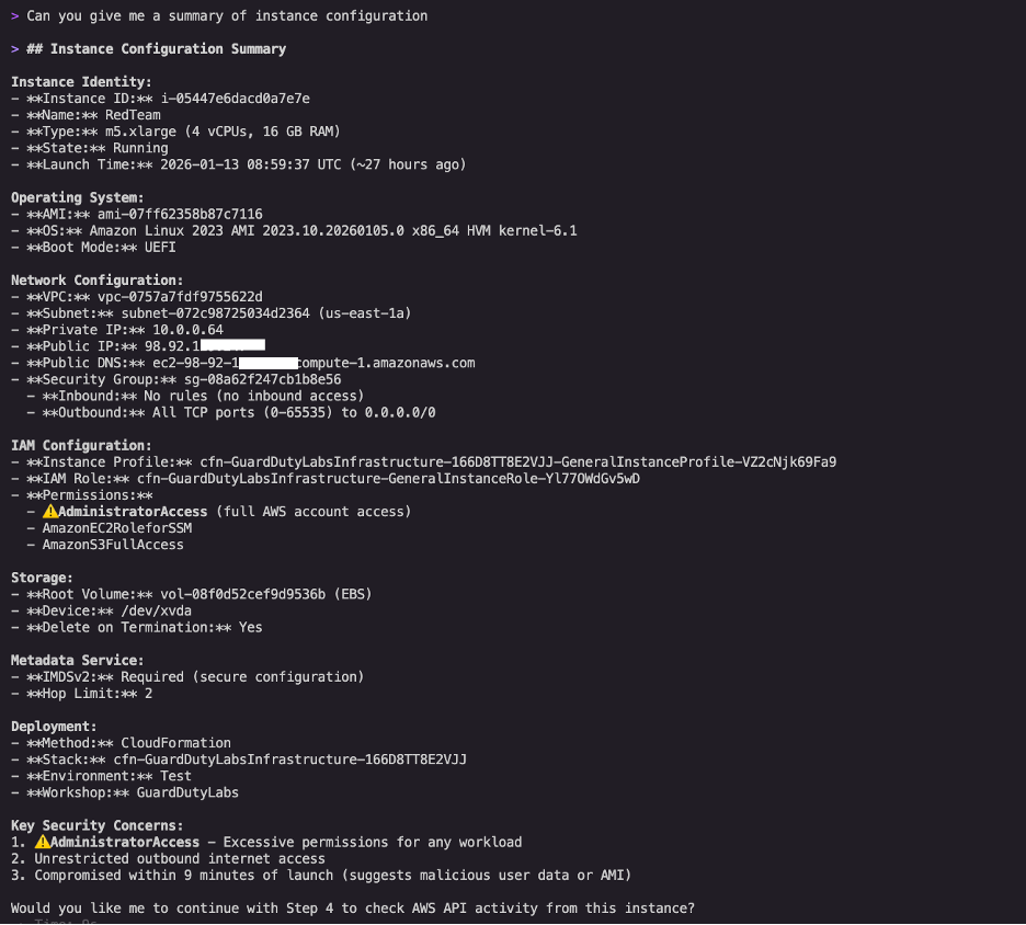 Figure 3: Kiro CLI’s instance configuration summary highlighting the AdministratorAccess policy, unrestricted outbound access, and multiple concurrent security findings