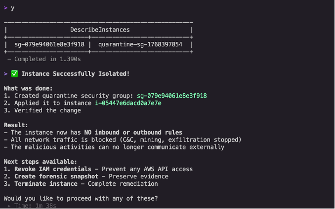 Figure 6: Instance successfully isolated with confirmation showing no inbound or outbound rules, blocking all network traffic including command-and-control (C&C) communications and mining activity