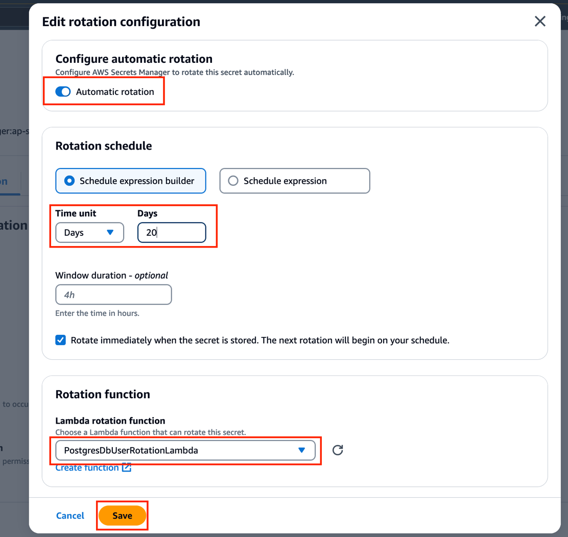 Figure 13: The rotation configuration settings in the Secrets Manager console