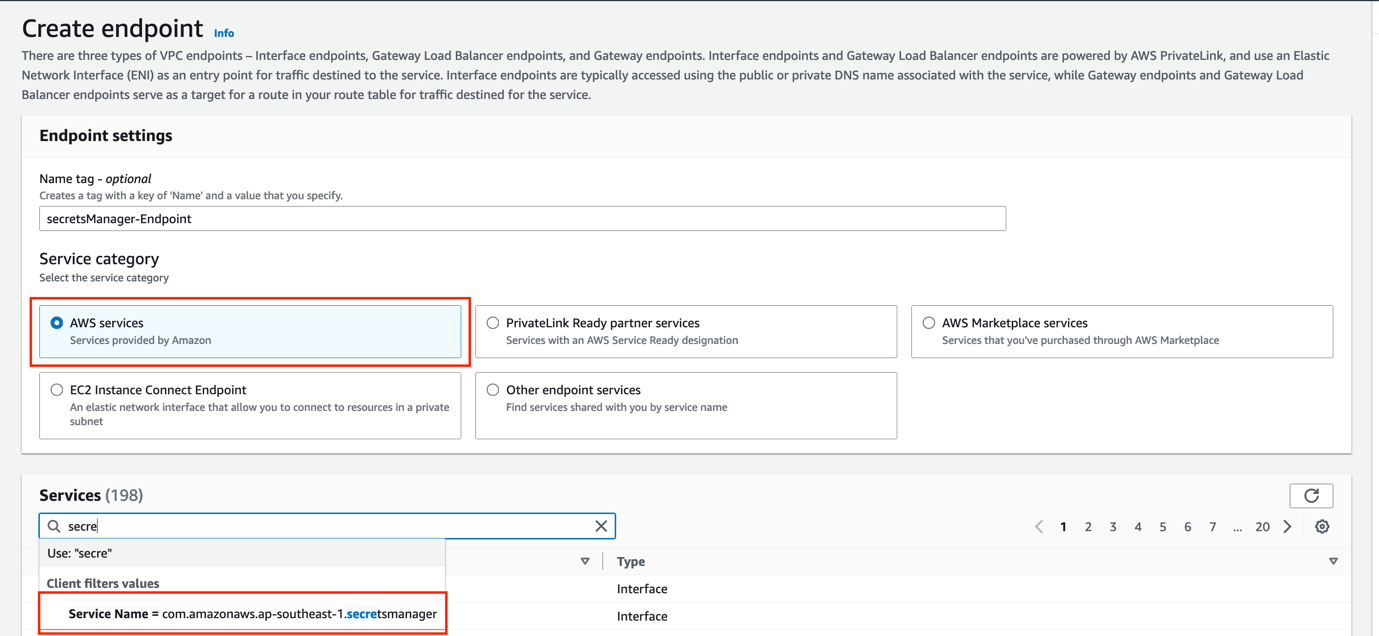 Figure 14: Create a VPC endpoint for Secrets Manager