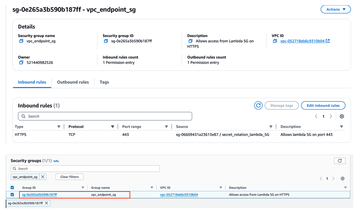 Figure 16: Attaching the security group to the VPC endpoint