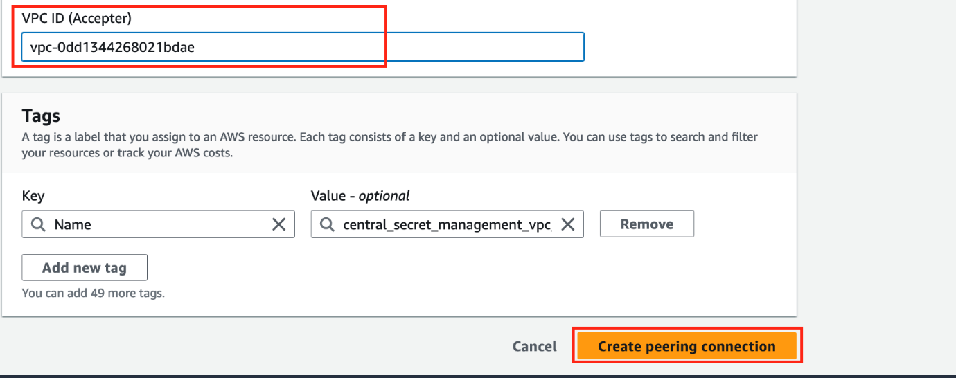 Figure 18: Create VPC peering connection – Entering the VPC ID