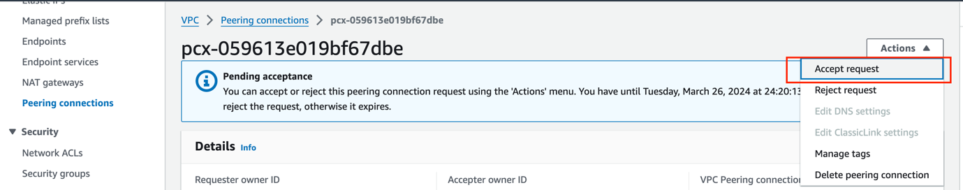 Figure 19: Accepting the VPC peering request from the database account (Accounts A, B, and C)
