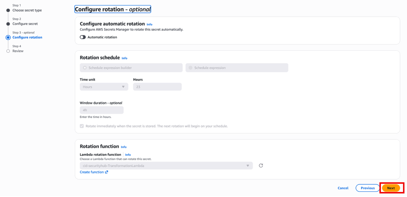 Figure 6: Configure rotation for secret and continue with secret creation