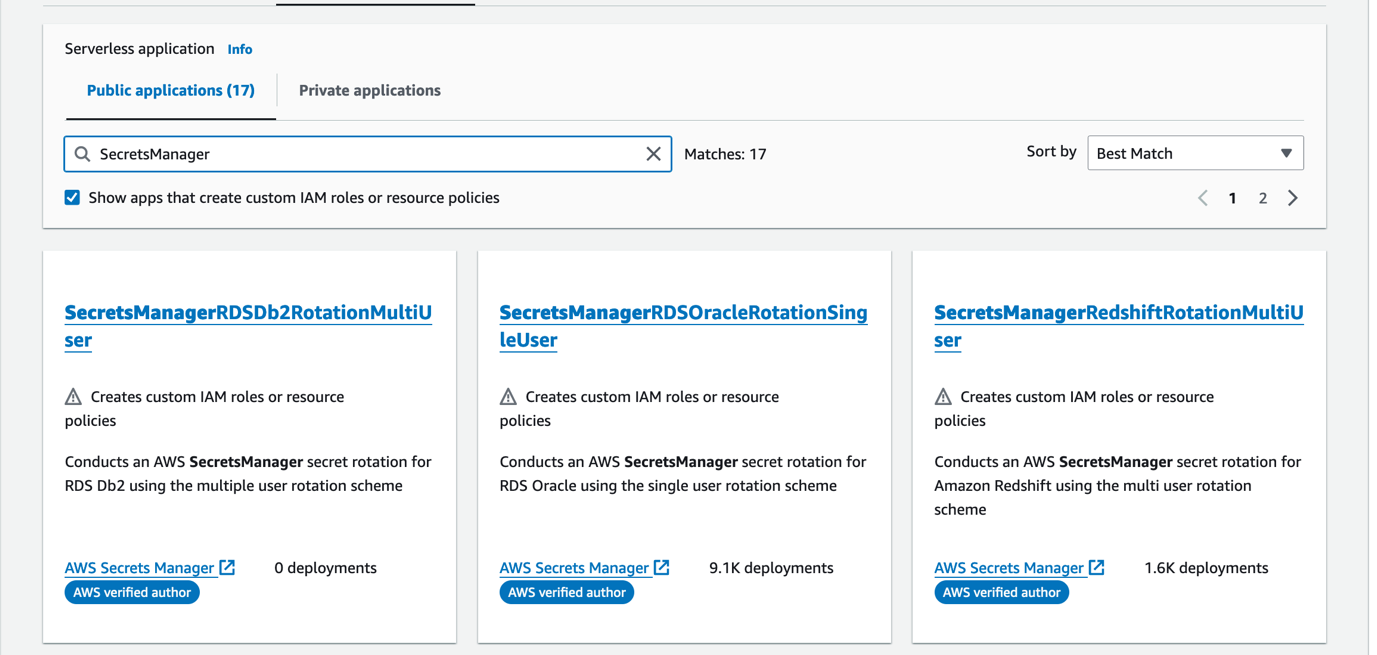Figure 9: Search for Secrets Manager available applications