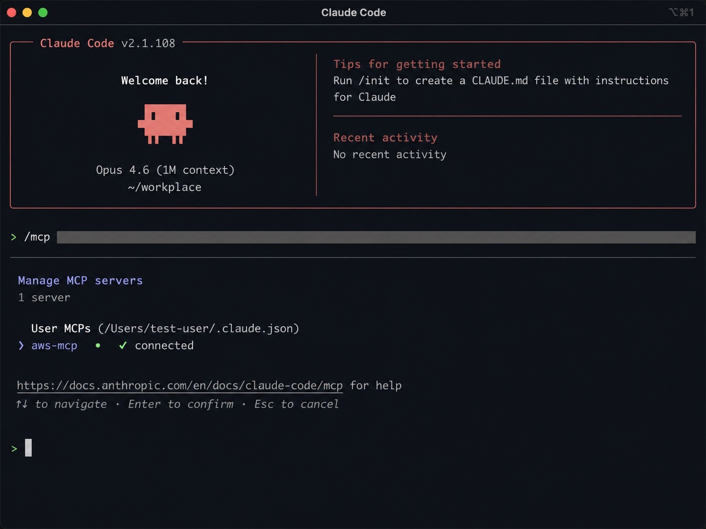 Figure 3: Verifying the AWS MCP Server connection in Claude Code