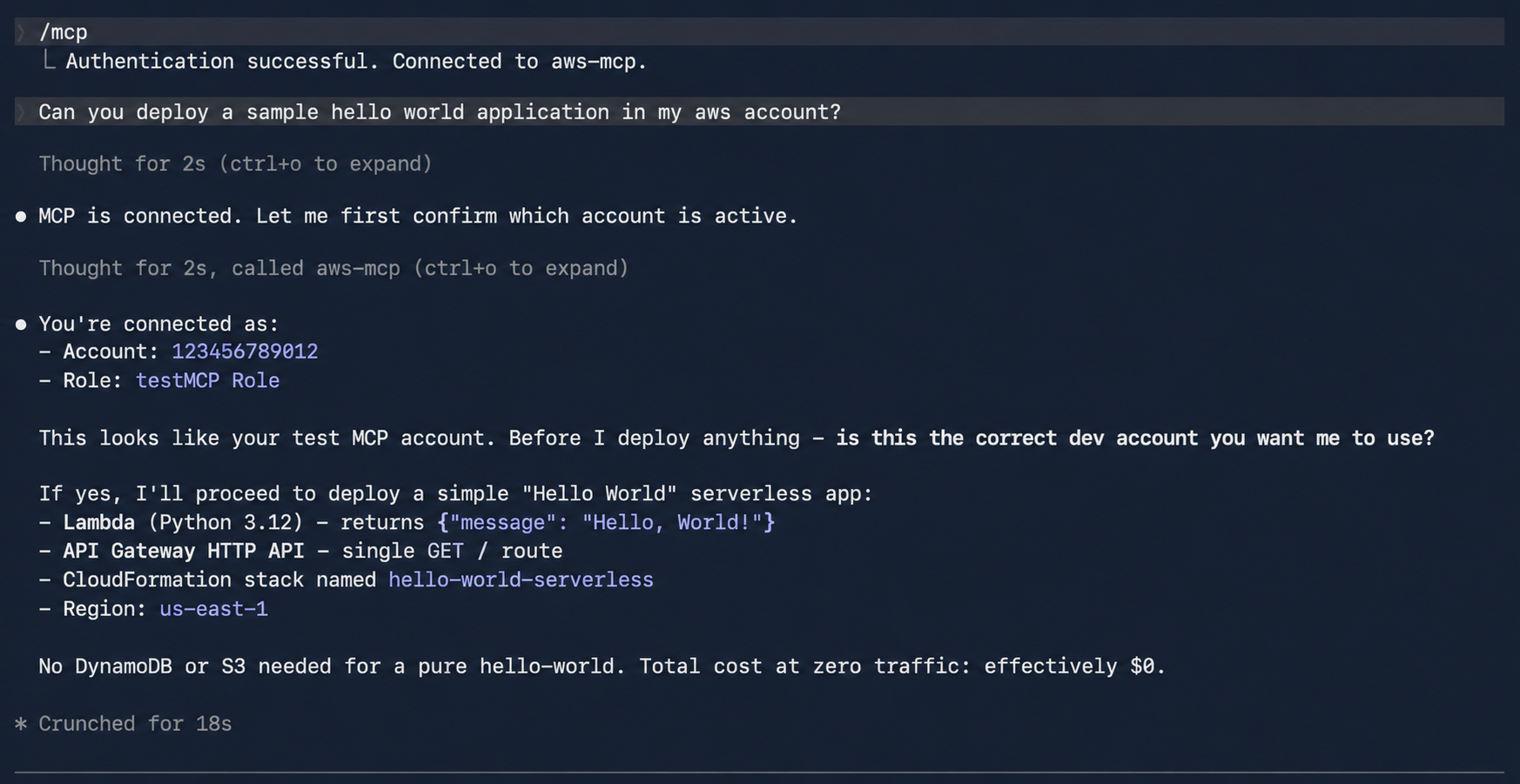 Figure 4: Using Claude Code to deploy a sample serverless application through the AWS MCP Server