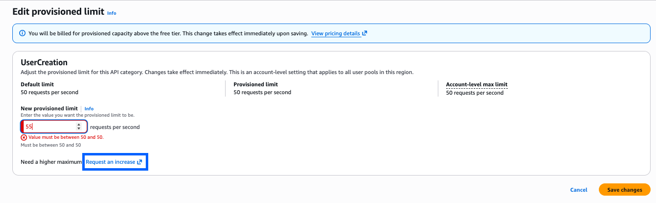 Figure 3: Editing the provisioned limit constraint constraint to more than the account-level max