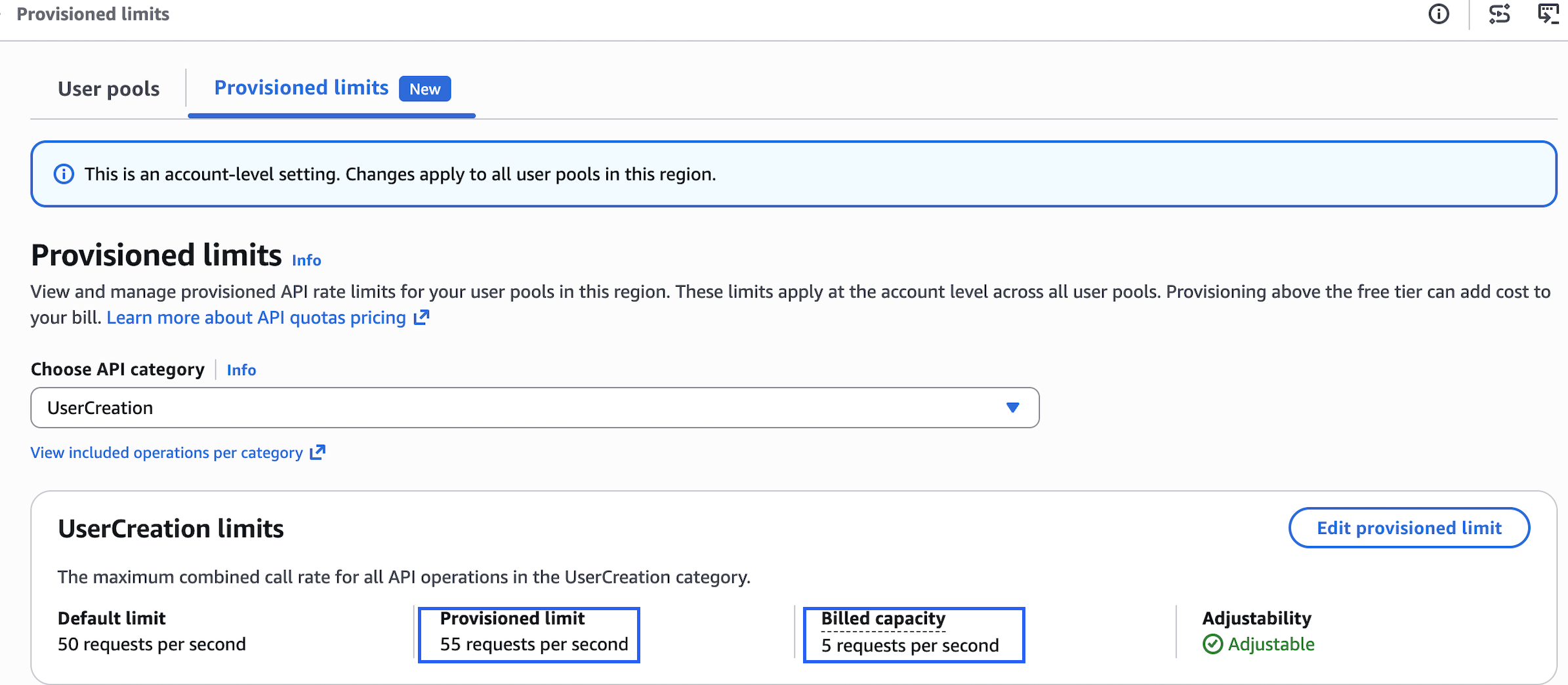 Figure 5: Provisioned after increasing the provisioned limit to 55 RPS, with billed capacity of 5 RPS.