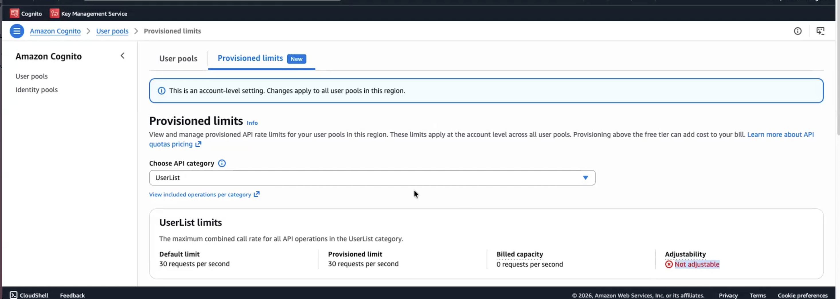 Figure 6: Provisioned limits overview with non-adjustable API categories.