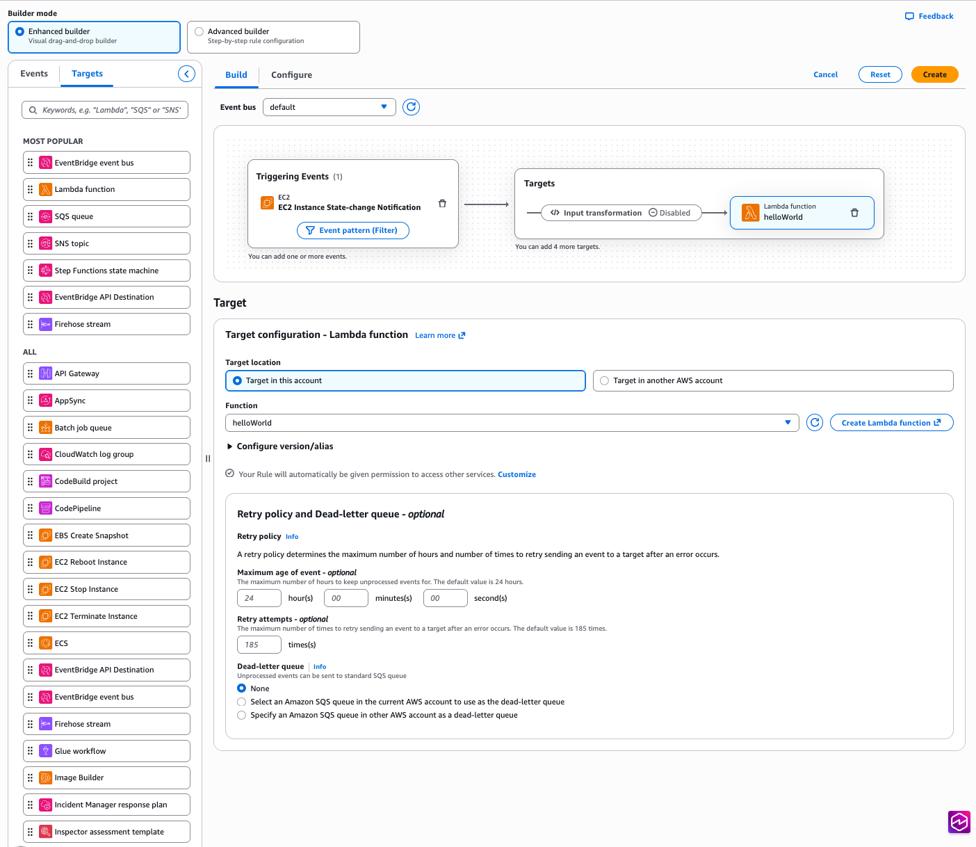Figure 2: Creating an EventBridge rule with no manual role setup