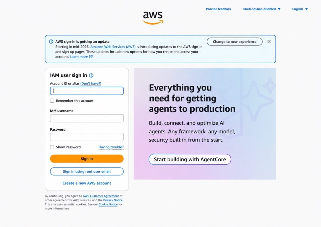 Figure 3: Current AWS sign-in page with the banner to try the redesigned experience