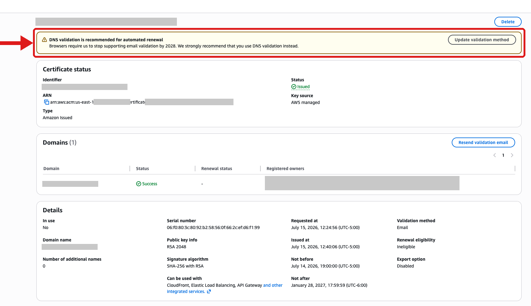 Figure 2: DNS Validation prompt when viewing an email validated public certificate.