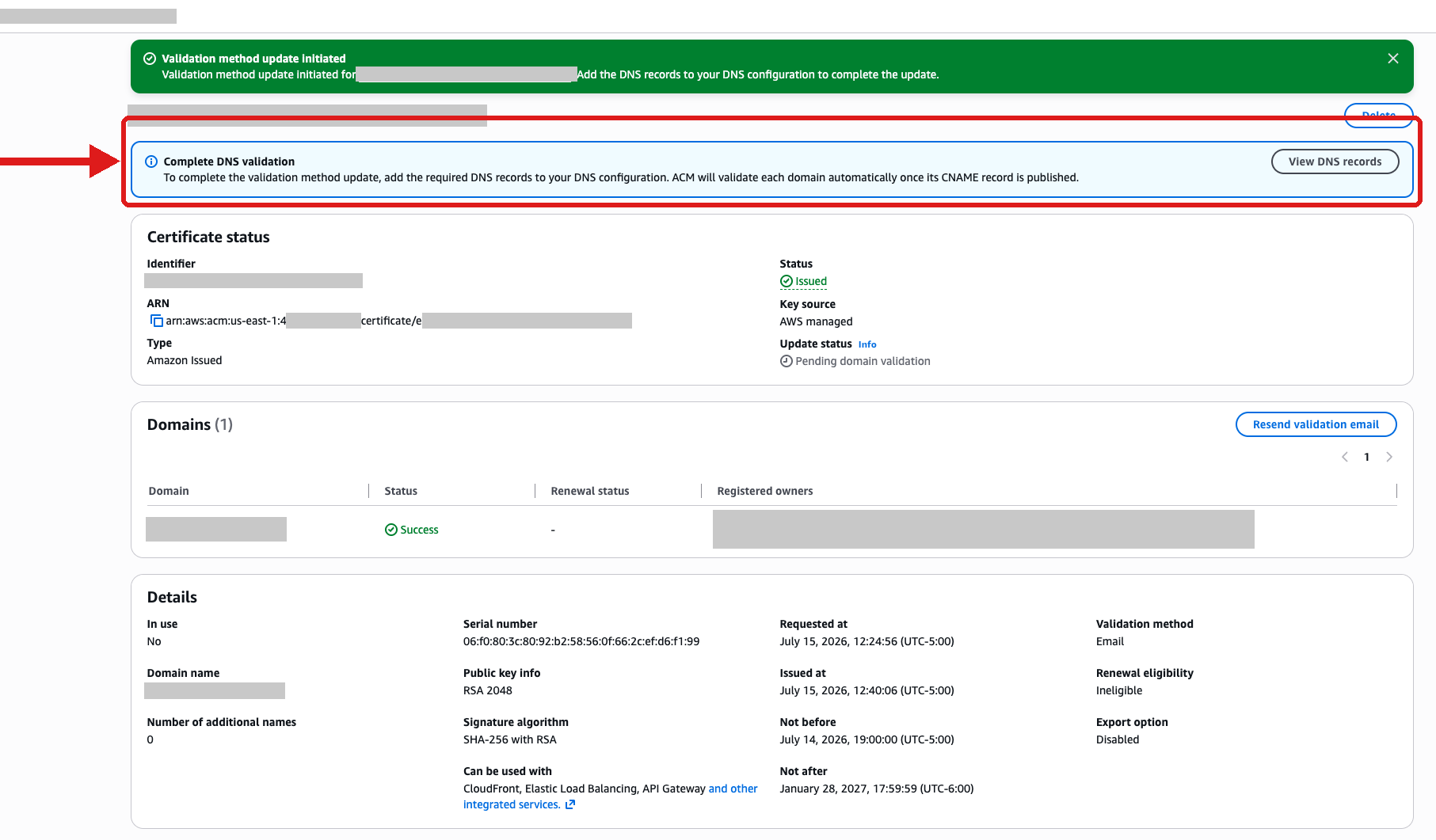 Figure 3: View DNS validation records after updating validation method.