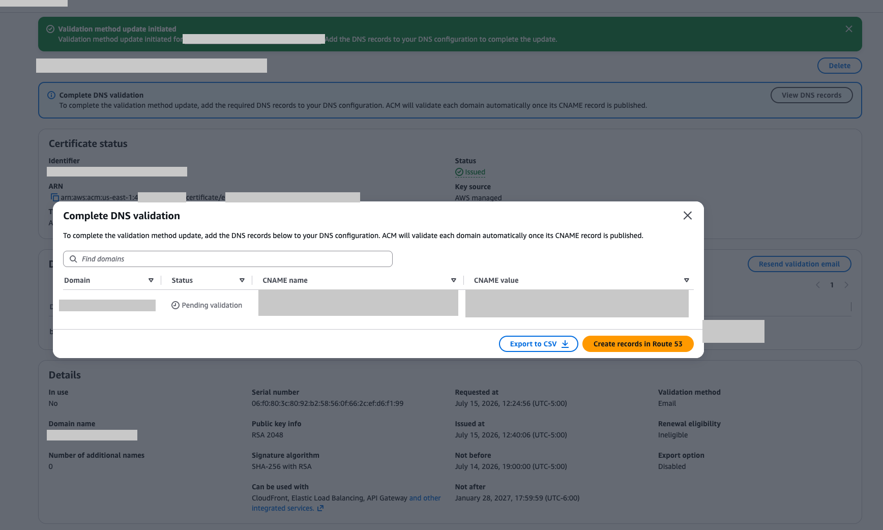 Figure 4: Get DNS validation information from the dialog box