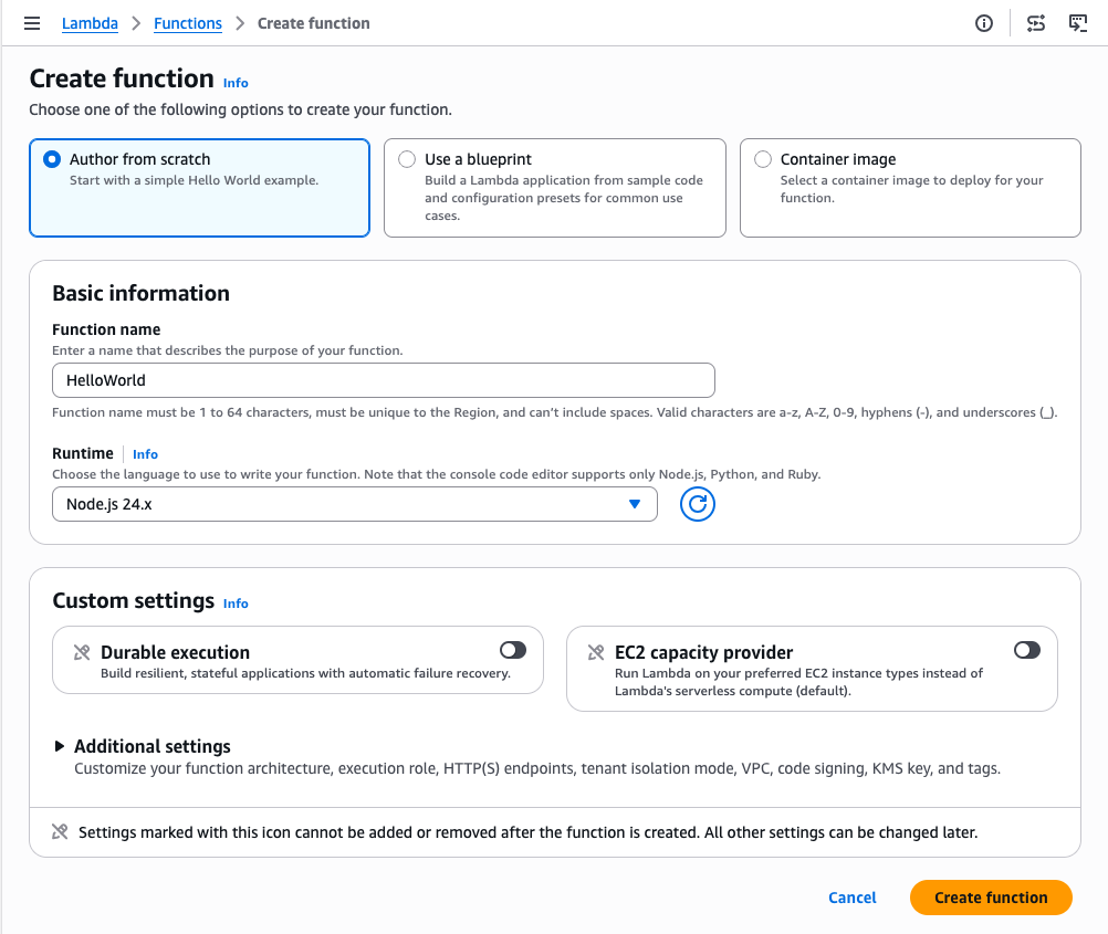 Figure 3: Create an AWS Lambda function with no manual role setup
