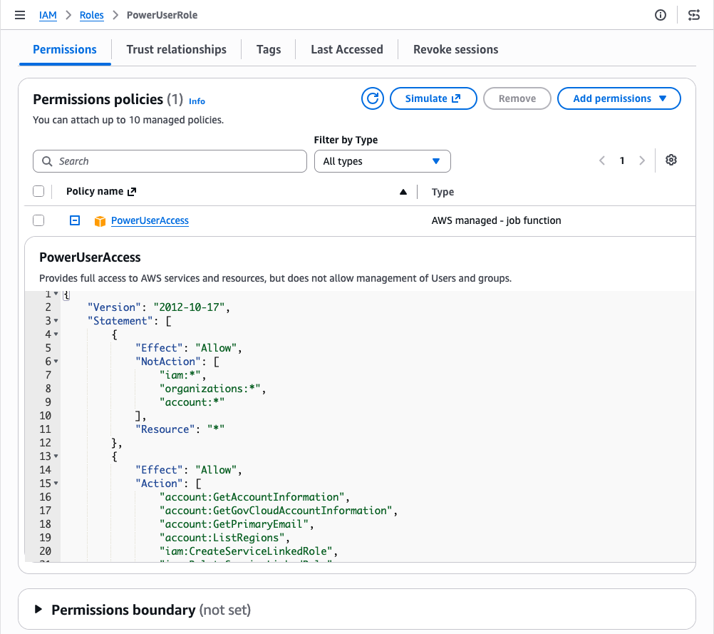 Figure 5: Permissions of the role provided by role manager for an AWS Lambda function