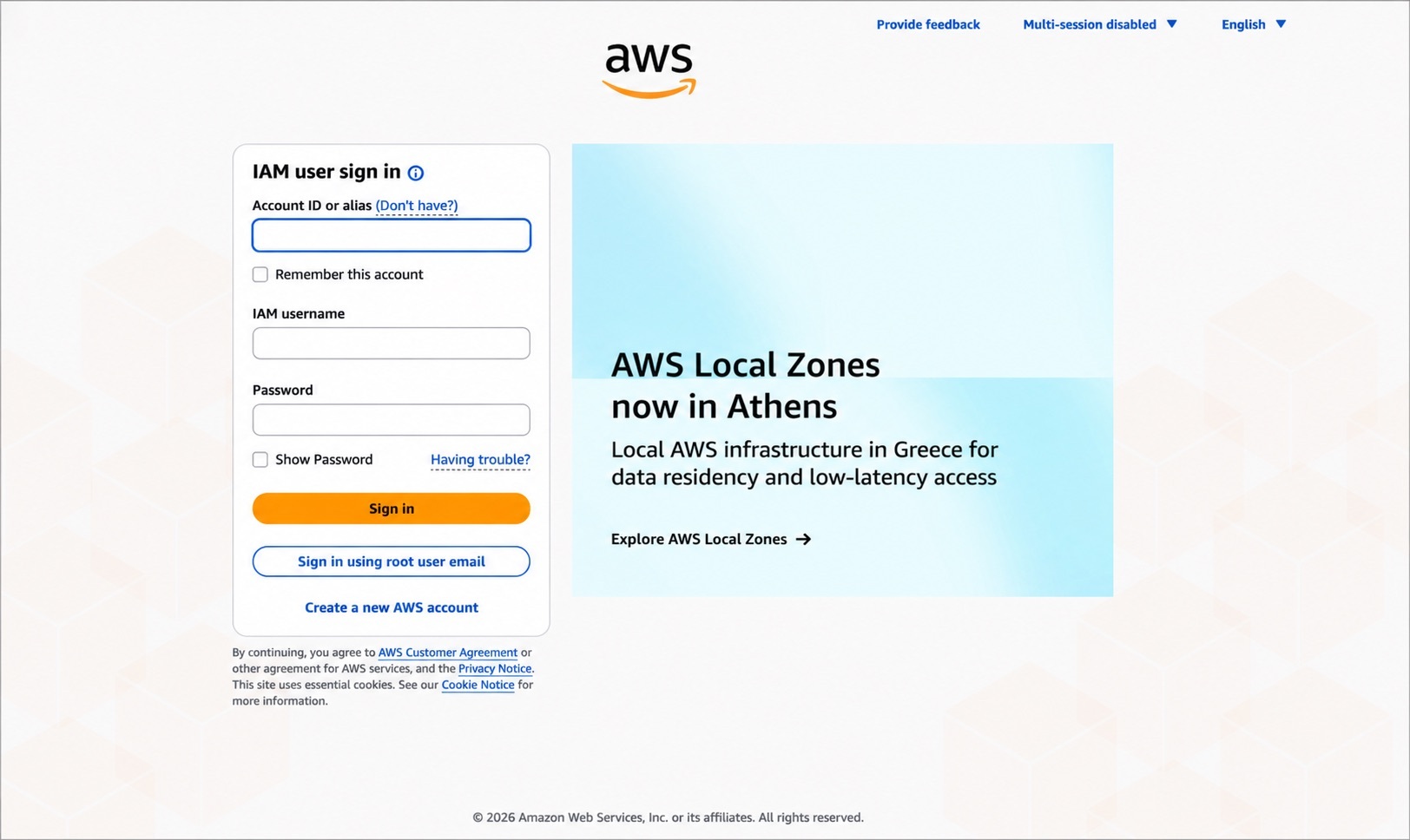 Figure 1: Current AWS sign-in page